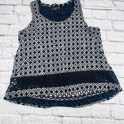 Ann Taylor Loft Blouse Tank Tops Large Black White Printed Crochet Trim Summer