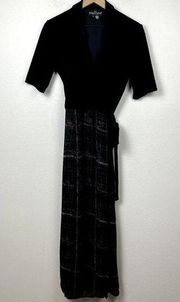 Vtg. Carole Little Maxi Wrap Dress Sz. 6/8 Black Velvet Mixed Media Short Sleeve