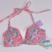 20. NWT  34B/C Amy halter push-up bikini top bright hot orange pink