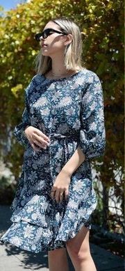 Apiece Apart Sabine Blue Floral Paisley Print Silk Cotton Mini Dress