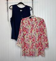 Charter Club Blue & Floral Pleated Sleeveless Tank Blouse Bundle Size XL