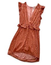 Wild Honey Coral Pink Deep V-Neck White Polka Dot Ruffle Mini Dress Small