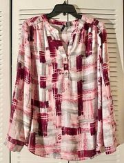 s Large wine, pink and gray patterned button down blouse