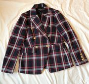 Boston Proper Double-Breasted Plaid Blazer Navy Red White Size 12