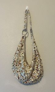 Y2K Metallic Sequin White Hobo Baguette Shoulder Bag Purse Silver Brown