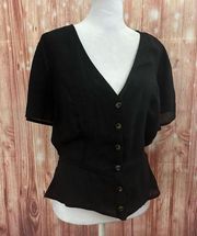 Lily White Black Button Front Flutter Sleeve Blouse