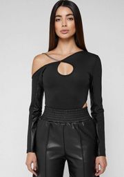 ASYMMETRIC HIGH LEG BODYSUIT WITH CHAIN  AND LEATHER DETAILS - BLACK