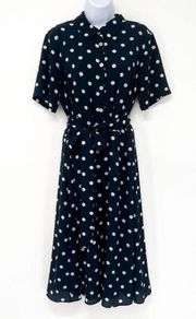 Polka Dot Collared Midi Shirt Dress Navy Blue White Sandra Darren 14