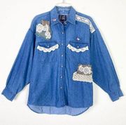 Vintage At Last Kitschy Denim Embellished Floral Lace Doily Patch Button Shirt L