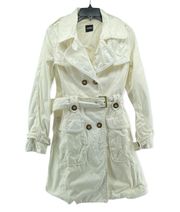 Women’s White Belted Lapel Polyester Blend Casual Spring Trench Coat