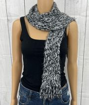 Handmade skinny knit scarf black white fringe ends