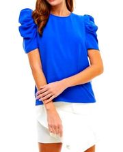 TCEC Women's Medium Solid Blue Puffed Short Sleeve Crew Neck Blouse