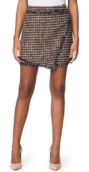 Blank NYC Miniskirt 27 Plaid Tweed Fringe Faux Wrap Clueless Black Brown NWT