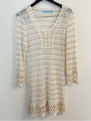 Solitaire Striped Crochet V-neck Lace Hem Swim Coverup Cream/Ivory Size Medium