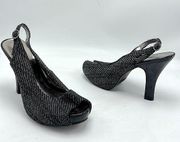 Vintage candies Y2K gray black white tweed heels sling back open toe size 8