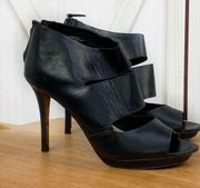 Classiques Entier Strappy Cutouts Peep Toe Leather Bootie Heels Black 7.5