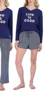 Life is Good Ladies 3 Piece PJ Set Navy Stripe Large