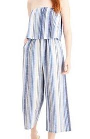 Blue and White Striped Strapless Popover Jumpsuit with Pockets