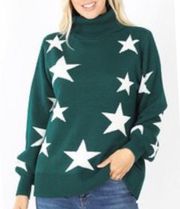 NWOT ZENANA Hunter Green Star Turtleneck Sweater Pullover Large