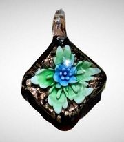 Hand Blown Diamond Shaped Green Blue Flowering Plant Glass Floral Pendant