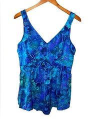 Vintage Maxine of Hollywood One Piece Swimsuit Dress Blue Floral Size 12