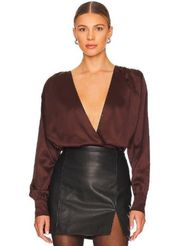 NWT Steve Madden Long Sleeve Satin Tamaira Bodysuit Chicory Coffee Women's XS