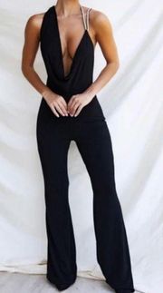 HOUSE OF CB 'Luciella' Black Crystal Strap Jumpsuit rhinestone flare NWOT size M