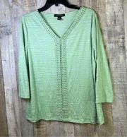 Carolyn Taylor Medium V-Neck Burnout Lime Green Top Crochet Lace Front