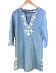 Lucky Brand Women's Blue Denim Dress Sz S Embroidered Chambray Sheath Coverup