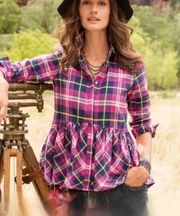 NEW SUNDANCE pink plaid flannel hayden creek button front peplum top