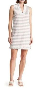 Eliza J Womens Nautical Striped Linen Blend Dress Tan White Size 12 Lace Trim