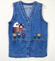 Vintage Cabin Creek Kitschy Angel Embroidered Patch Denim Button Up Vest Size S