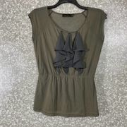 The Limited Olive Green Gray Mesh Ruffle Front Top - Size Medium - Short Sleeve