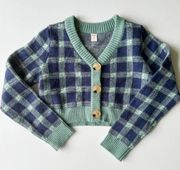 Romwe Blue and Green Plaid Cropped Cardigan‎