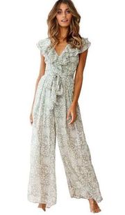 0928 Here Comes The Sun Green Floral Ruffle Strap Wide Leg Jumpsuit Size 6 XS