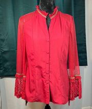 XOXO BOTTON UP LACEY AND DRAPED RED BLOUSE