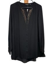 Susan Graver Artisan Black Beaded Sheer Long Sleeve Button Down Shirt Size 10