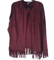 FAIR CHILD FAUX SUEDE FRONT HOOK FRINGED MAROON CAPE WMNS SIZE LARGE RETAIL $89