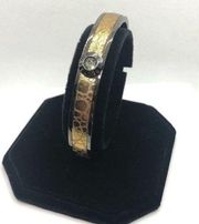 Henri Bendel Metallic Old Gold Embossed Leather Gunmetal Hinge Bangle Bracelet