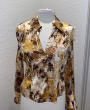 St. John Couture Button Down Silk Vintage Blouse Sz 8 Abstract Brown Gold