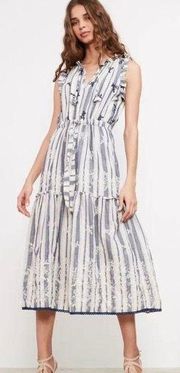 Martina Embroidered Floral Striped Midi Dress Cotton Blue White