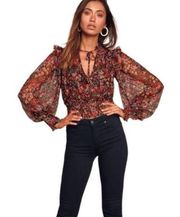 Free People Top Twyla Boho Sheer Printed Floral Blouse Size Small