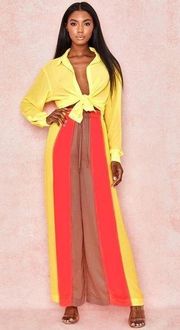 HOUSE OF CB Margot Yellow Color Block Wide Leg Trousers