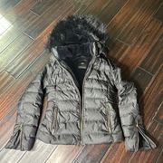 Puffer jacket with faux fur detachable hood zip up windbreaker ski winter warm