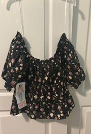 Off the shoulder black floral baby doll top