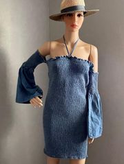 Denim Mini Dress with Halter Strap and Detatched Bell Sleeves Size 8