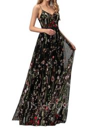 JJ's House A Line Dress V Neck Long  Black Tulle Colorful Floral  Formal Prom 12