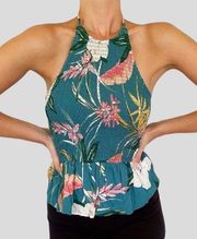 Patrons of Peace Smocked Floral Print Halter Top in Lagoon Green & Pink Size XS