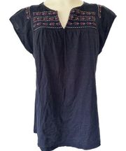 Eddie Bauer Women's Navy BOHO Western Embroidered Tunic V Neck Sleeveless Top S