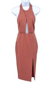 Missguided Keyhole Chest Cutout Sleeveless Halter Midi Dress Side Slit Pink